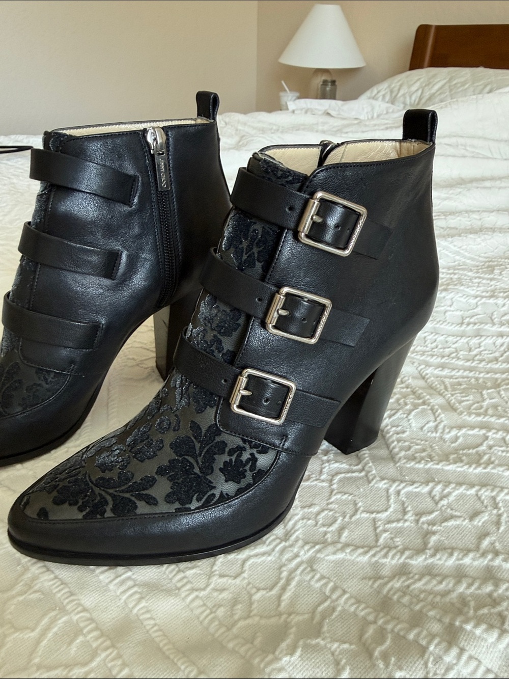 Jimmy Choo Black Floral-Texture Buckled Ankle Boots Sz 39